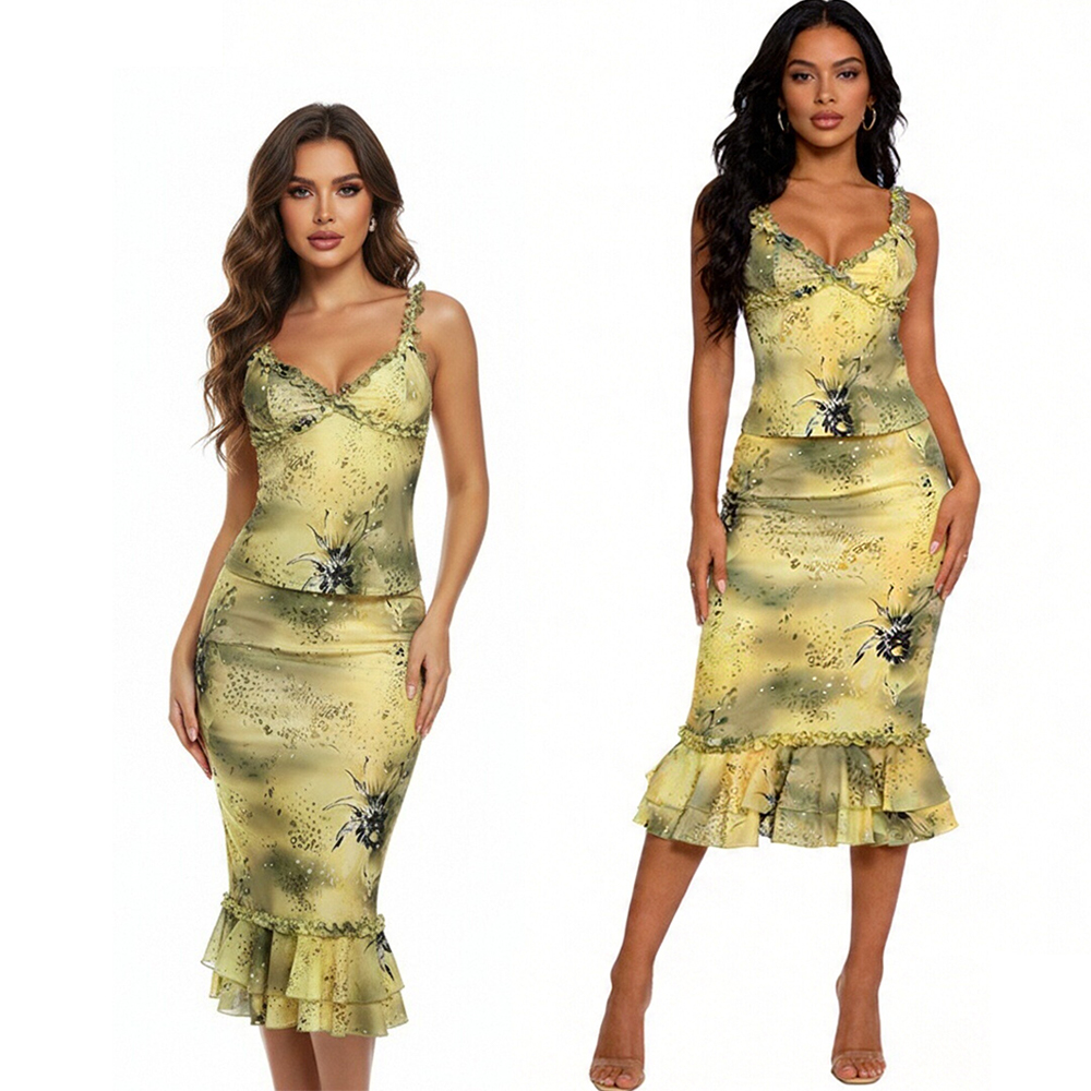 Midi Skirt Floral - Damenkleid 2-teilig Blumendruck Satin-Outfit Rüschenbesatz Cami-Top